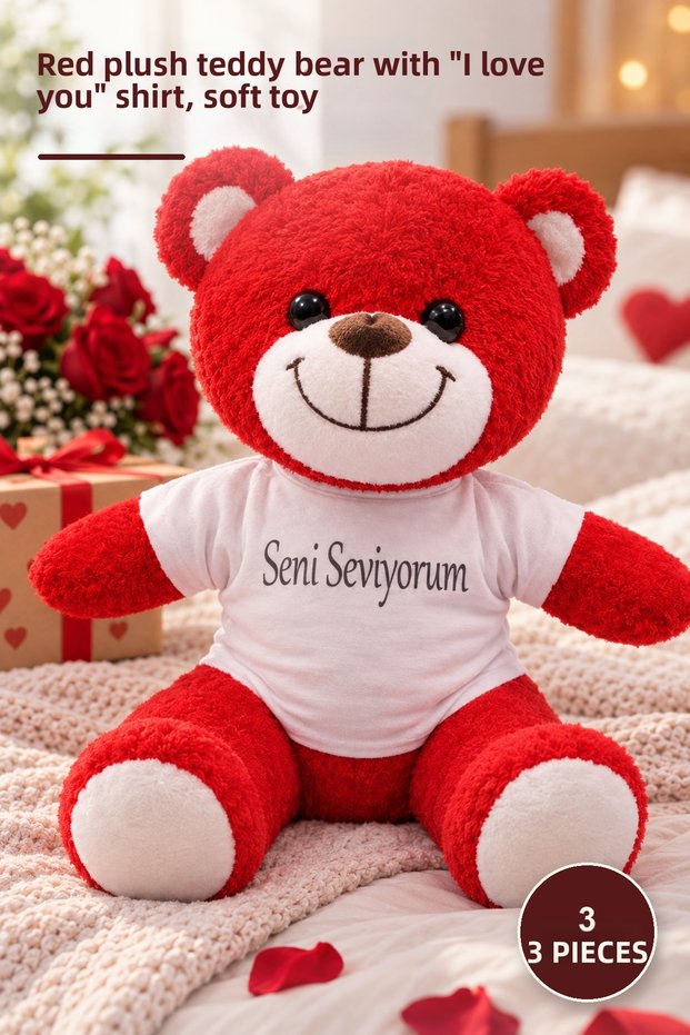 3 Plush Teddy Bears – Red Plush Gift with T-Shirt and "I Love You" Written, Plush Teddy Bear, Soft Toy