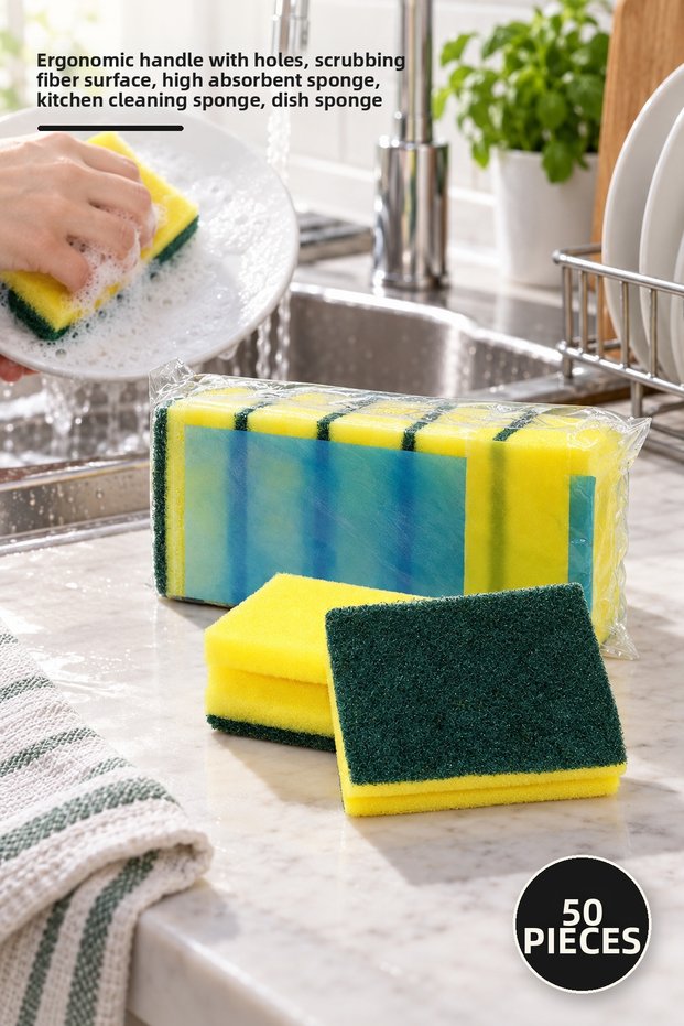 50 Pieces of Dish Sponge – Corrugated Ergonomic Grip, Scrubbing Fiber Surface, Highly Absorbent Foam, Kitchen Cleaning, Sponge, Dish Sponge