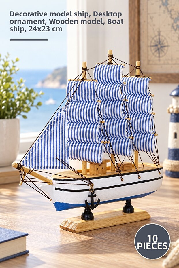 10 Pieces Wooden Ship Alk3453 – Decorative Model Ship, Desktop Ornament, Wooden Model, Boat Ship, 24X23 cm