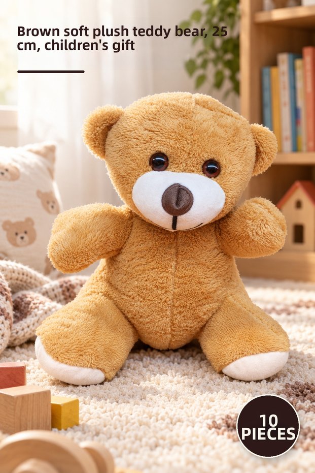 10 Pieces of Plush Teddy Bears – Brown Soft Plush Toy Bear, 25 cm Teddy Bear, Children's Gift