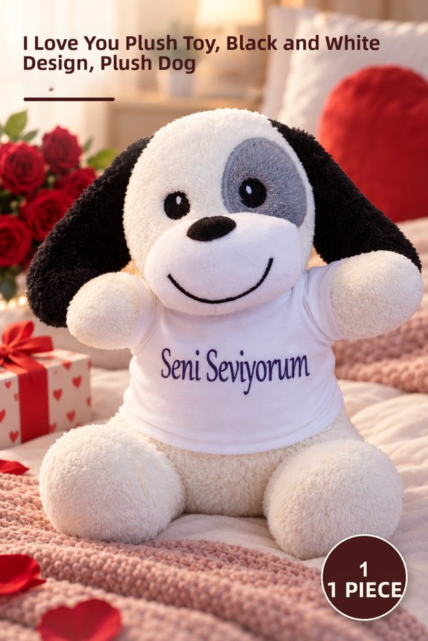 1 Piece Cute Plush Dog with T-Shirt – I Love You Printed Plush Toy, Black and White Design, Plush Dog