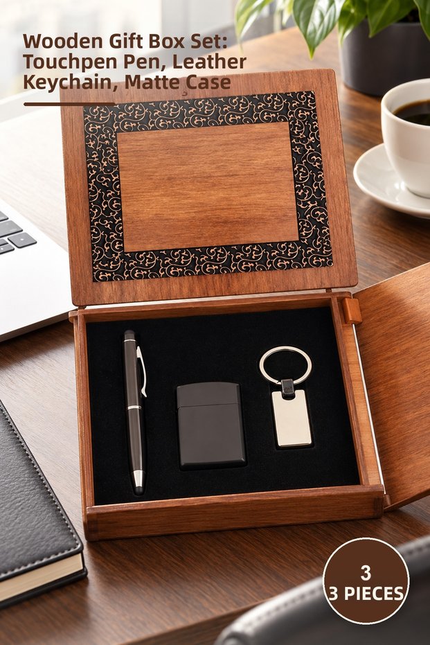 3 Pieces Black Pen Keychain and Matte Lighter with Wooden Box – Wooden Box Gift Set, Touchpen Pen, Leather Keychain, Matte Lighter