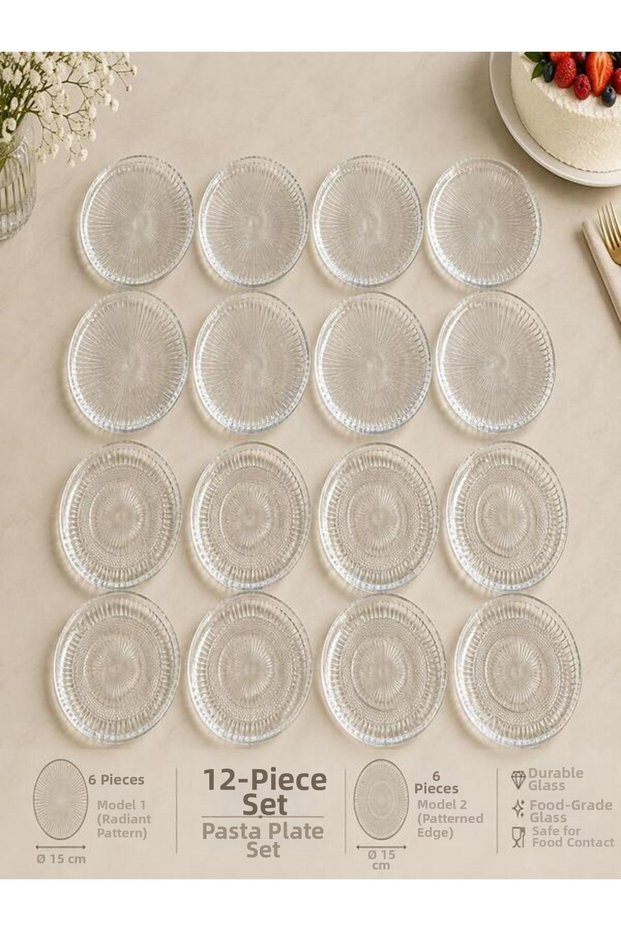 Glass Cake and Dessert Serving Plate Set 15 cm Striped and Patterned Transparent Presentation Plate 12 Pieces