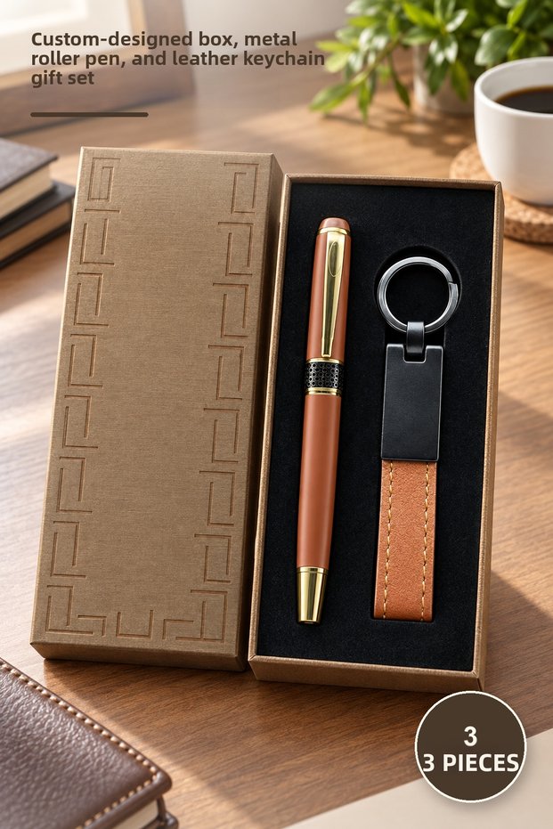 3-Piece Boxed Pen Keychain Set – Specially Designed Box, Metal Rollerball Pen and Leather Keychain, Gift Set Pen Keychain
