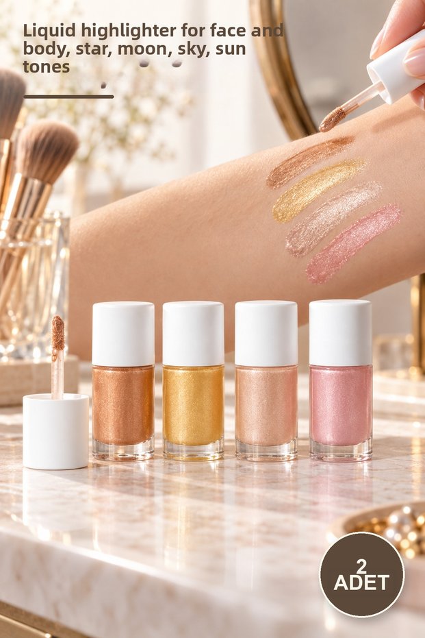 2-Piece Liquid Highlighter Illuminator Set – Brilliant Glow, Liquid Highlighter for Face and Body, Star Moon Sky Sun Shades