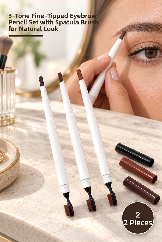 2-Piece Eyebrow Pencil Set – 3-Tone Fine Tip Eyebrow Pencil with Spoon Brush for a Natural Look
