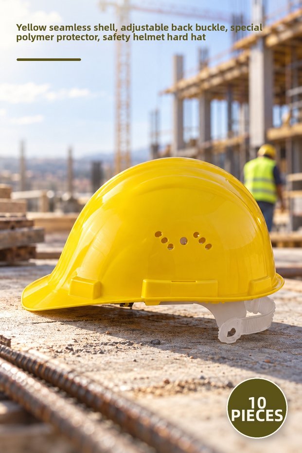10 Pieces of Work Safety Helmets – Yellow Non-Perforated Body, with Adjustable Back Adjustment Switch, Special Polymer Protector, Safety Helmet Hard Hat