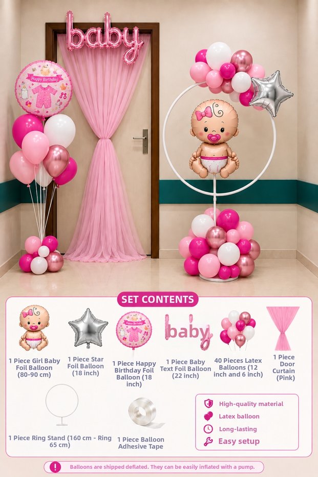 Baby Girl Hospital Room Door Decoration Set with Hoop Stand Baby Foil Balloon Happy Birthday Door Tulle 40 Piece Balloon Decoration Set