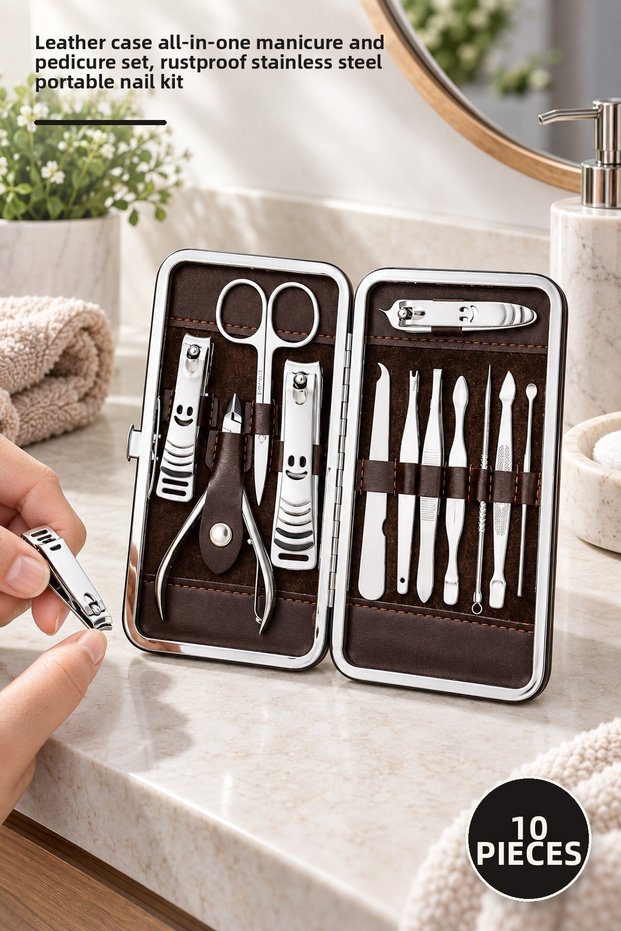 10-Piece Manicure Set – All-In-One Manicure and Pedicure Set with Leather Case, Stainless Steel Portable Nail Kit
