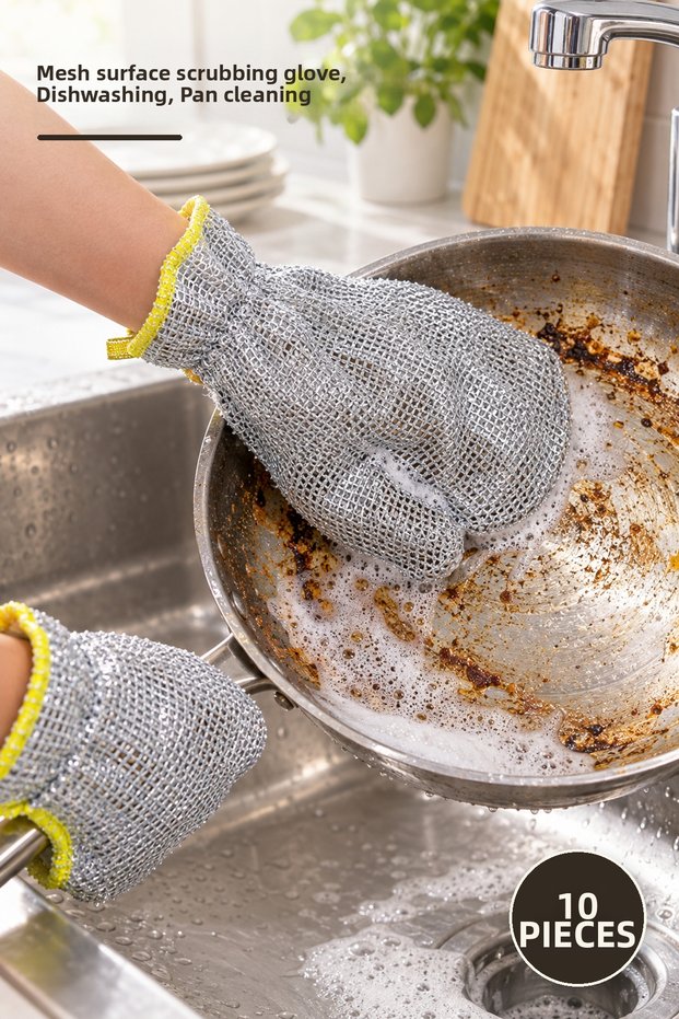10 Pieces of Wire Dishwashing Gloves – Wire Surface Scrubbing Gloves, Dish Cleaning, Pot and Pan Cleaning, Dishwashing Glove