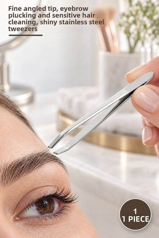 1 Piece Metal Tweezers – Fine Slanted Tip, for Eyebrow Removal and Precise Hair Removal, Shiny Silver Stainless Tweezer