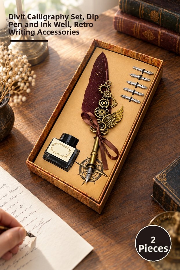 2 Pieces Vintage Dip Inkwell Set – Dip Inkwell Set, Calligraphy Dip Pen and Ink Well, Retro Writing Accessory