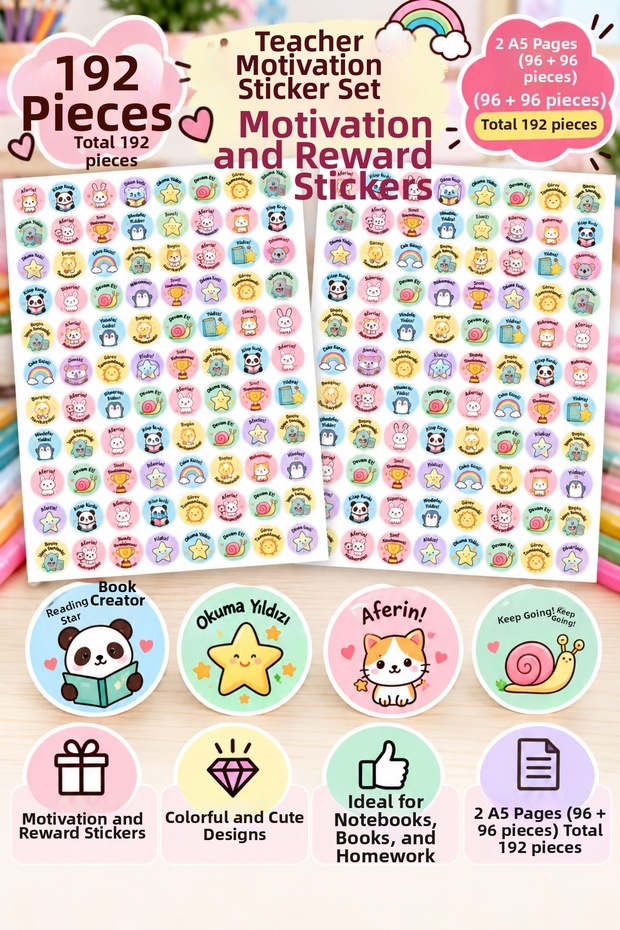 192 Pieces Teacher Motivational Sticker Set – 2 Pieces A5 Reward and Achievement Stickers