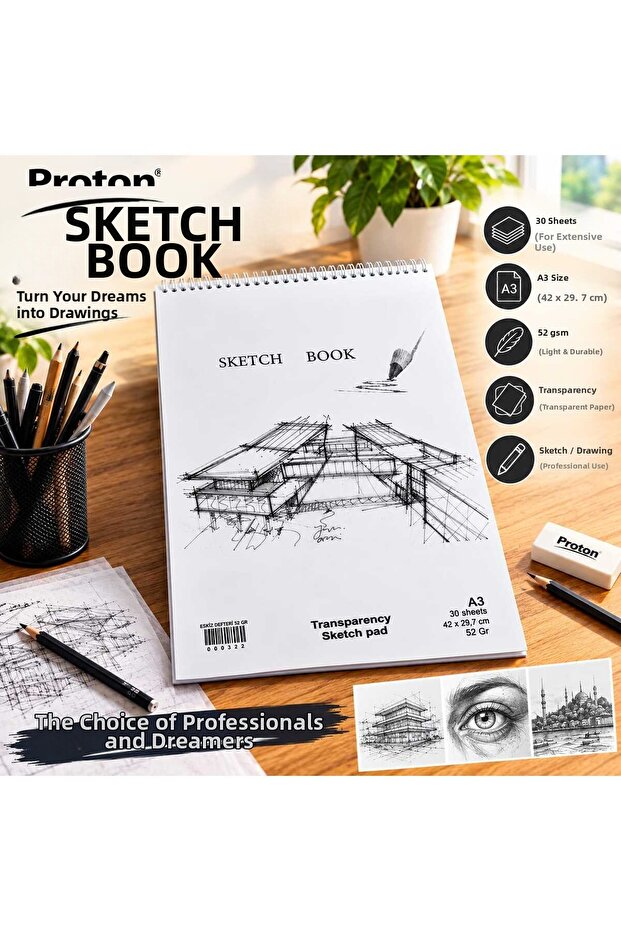 Aydınlatra Sketchbook A3 30 Sheets 52 Gr Transparent Drawing Paper Spiral Sketchbook