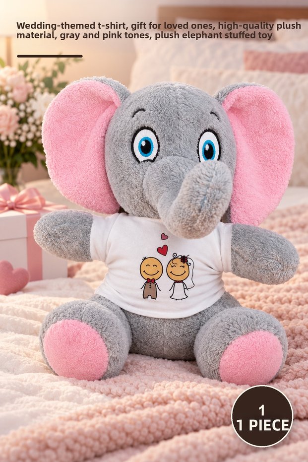 1 Piece Plush Elephant – Bride and Groom in T-Shirts Printed, Gift for Lovers, High Quality Plush Material, Gray Pink Tone, Plush Elephant Stuffed Toy