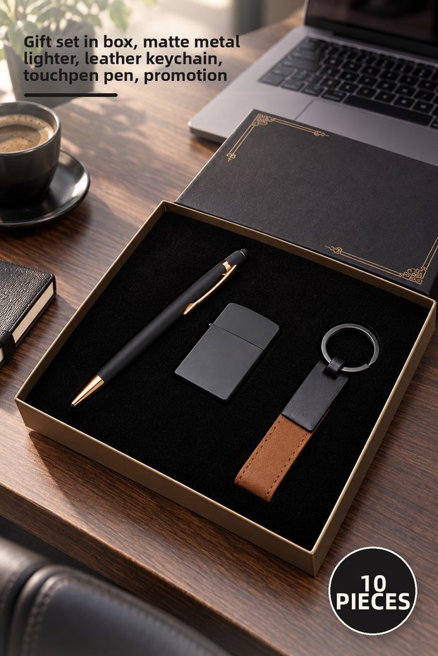 10 Pieces Black Rubber Pen Lighter and Keychain Set – Boxed Gift Set, Matte Metal Lighter, Leather Keychain, Touchpen Pen, Promotion