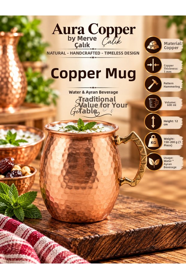 Copper Barrel Cup with Forged Handle for Ayran, Water, and Soft Drinks