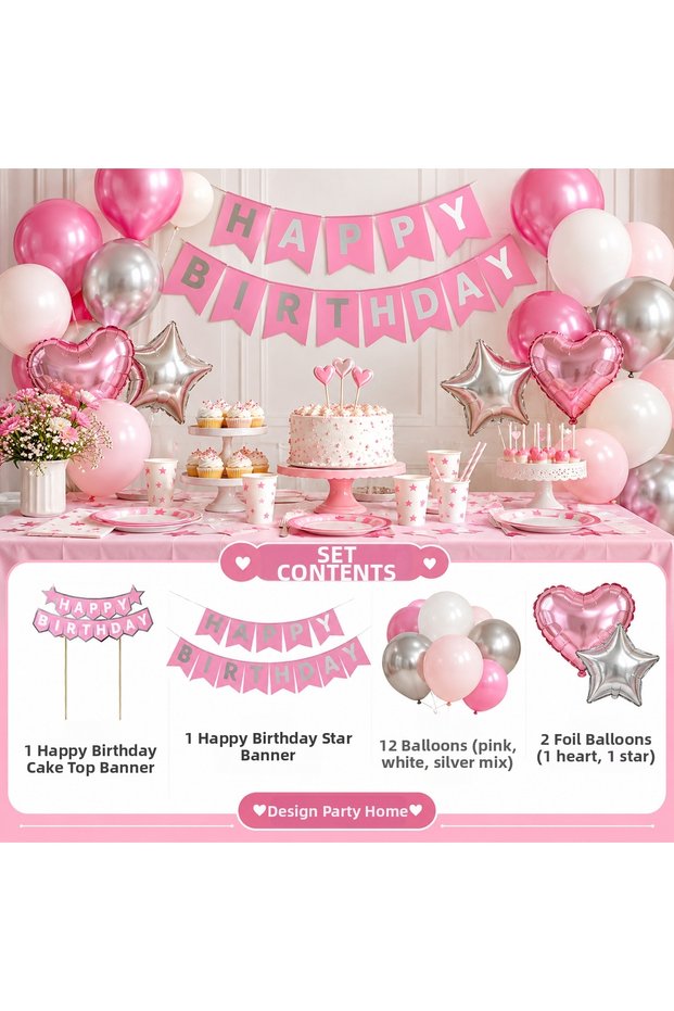 Pink Happy Birthday Birthday Decoration Set – Banner, Cake Topper, and 14 Balloons