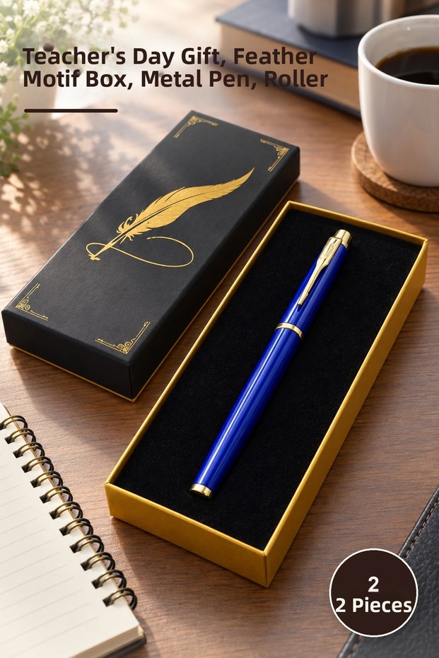 2 Pcs Boxed Metal Blue Roller Pens – Teacher's Day Gift, Box with Feather Motif, Metal Pen, Roller