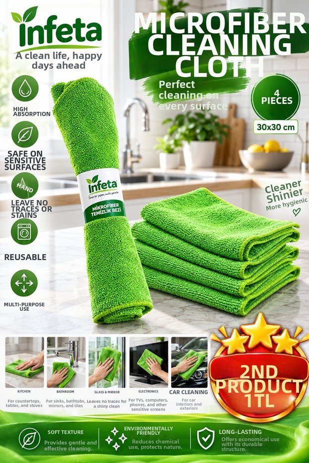 30X30 cm 4-Pack Green Microfiber Cleaning Cloth with Overlock Edges Multi-Purpose