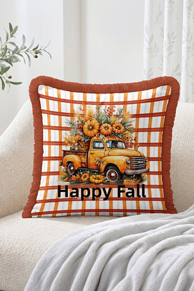 Happy Fall Written Autumn Floral Truck Figured Plaid Patterned Fringed-Tasseled Throw Pillow Cover