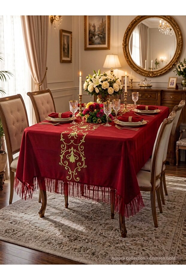 Red Tablecloth with Medium Pattern and Sim Embroidered Edge and Tulle for 8 People