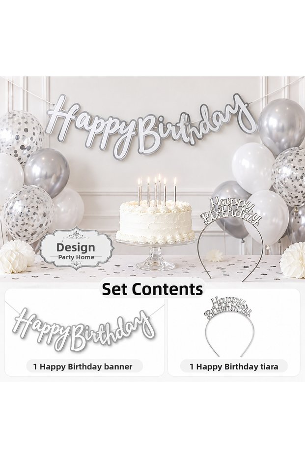 Silver Happy Birthday Birthday Set – Happy Birthday Lettering and Crown 2 Pieces