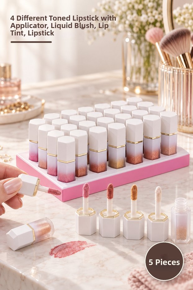 5 Pieces Lipstick Shaped Liquid Blush Set – 4 Different Shades of Lipstick with Packaging and Applicator, Face Blush, Liquid Blush, Lip Tint, Lipstick