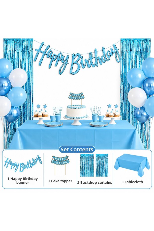 Blue Happy Birthday Birthday Decoration Set – 2 Backdrop Curtains, Tablecloth, and Cake Topper