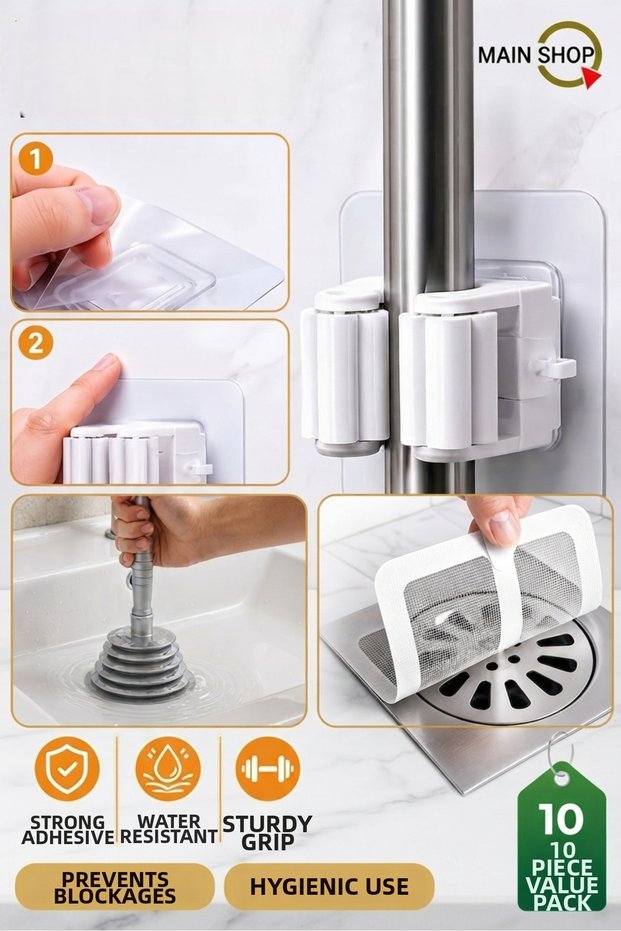 13-Piece Practical Cleaning and Hygiene Set - Mop Hanger + Bellows Sink Pump + Hair and Grime Catcher