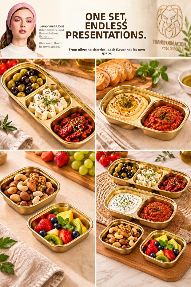 18/10 Steel 4-Compartment Sauce Bowl and Snack Bowl Presentation Plate Set Gold 723749