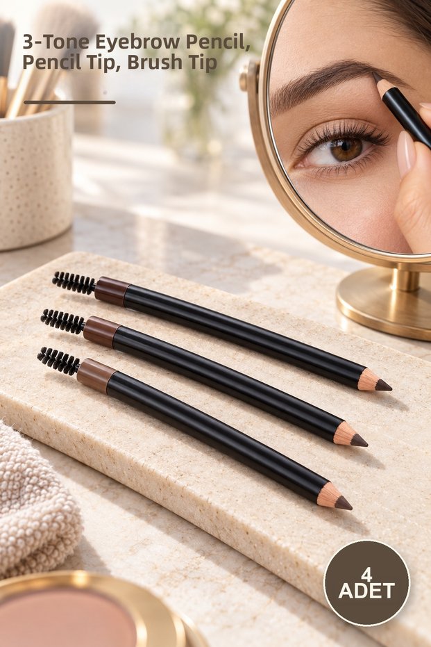 4-Piece Eyebrow Pencil Set with Brushes – 3-Tone Eyebrow Pencil, Pencil Tip, Brush Tip Brow Pencil Eyebrow Pencil
