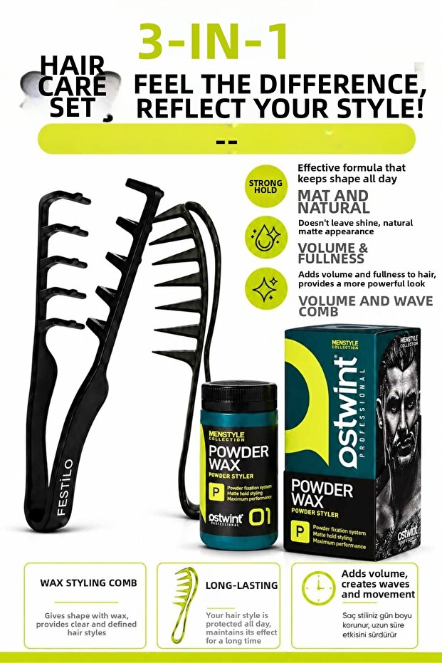 3-Piece Hair Styling Set | Wax Powder, Volume Comb and Styling Comb
