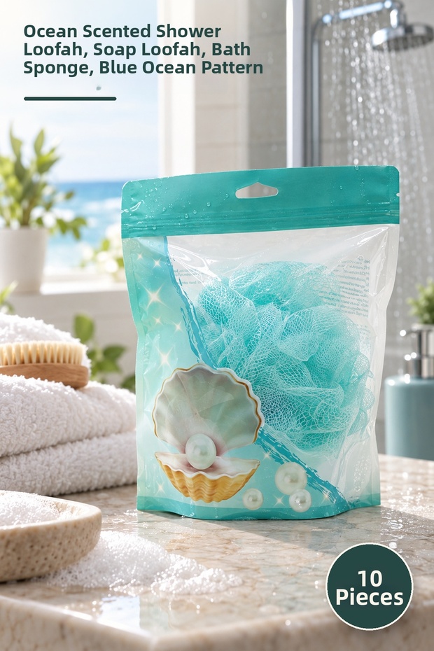 10 Pieces of Soap-Infused Bath Loofah – Ocean Scented Shower Loofah, Soap-Infused Net, Bath Sponge, Blue Ocean Pattern