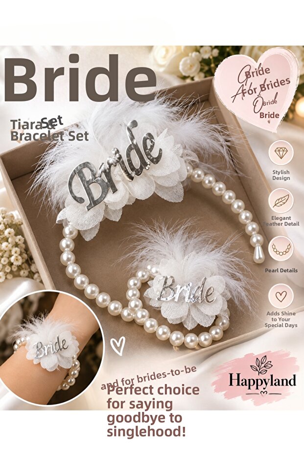Bride to Be White Feathered Silver Detailed Pearl Crown and Bracelet Set Bachelorette Party Accessory