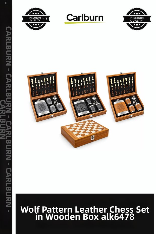 Special Edition Men's Gift Set with Wolf Pattern Leather Covered Chess and Wooden Box Flask