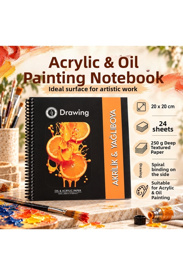 Acrylic & Oil Painting Drawing Notebook 20X20 cm 250 Gr Deep Textured Paper 24 Sheets Spiral Bound