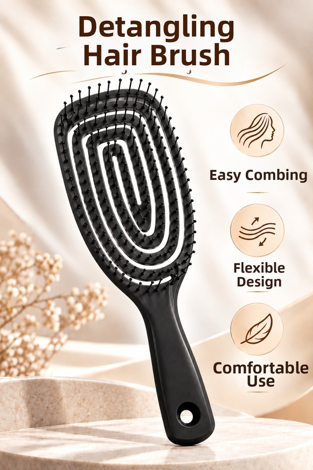 Detangling Hair Brush Wet & Dry Use Flexible Detangler Hair Comb Easy Combing – Black