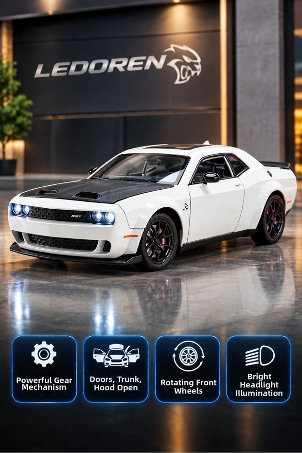 Dodge Challenger Srt White 1/24 Diecast Metal Model Car with Sound & Light