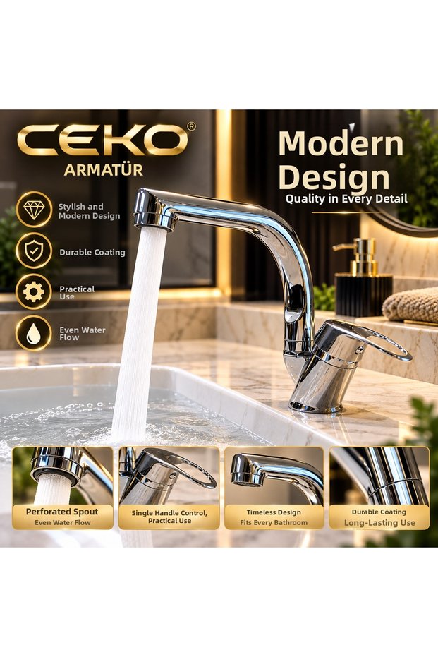 Chrome Mix Herringbone Spout Bathroom Sink Faucet – Single Handle Swivel Spout Faucet
