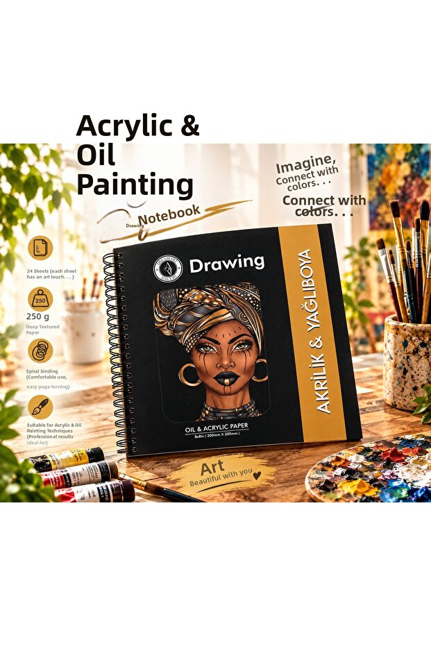 Acrylic & Oil Painting Drawing Notebook 20X20 cm 250 Gr Deep Textured Paper 24 Sheets Spiral Bound