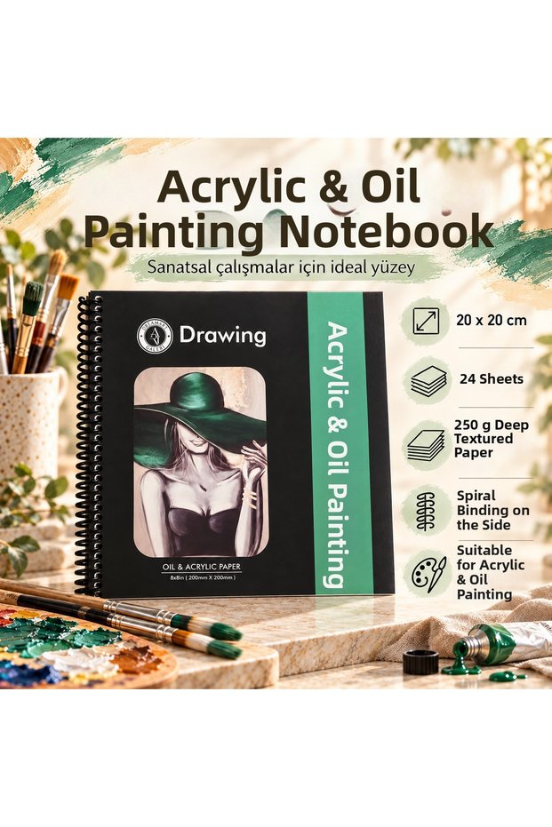 Acrylic & Oil Painting Drawing Notebook 20X20 cm 250 Gr Deep Textured Paper 24 Sheets Spiral Bound
