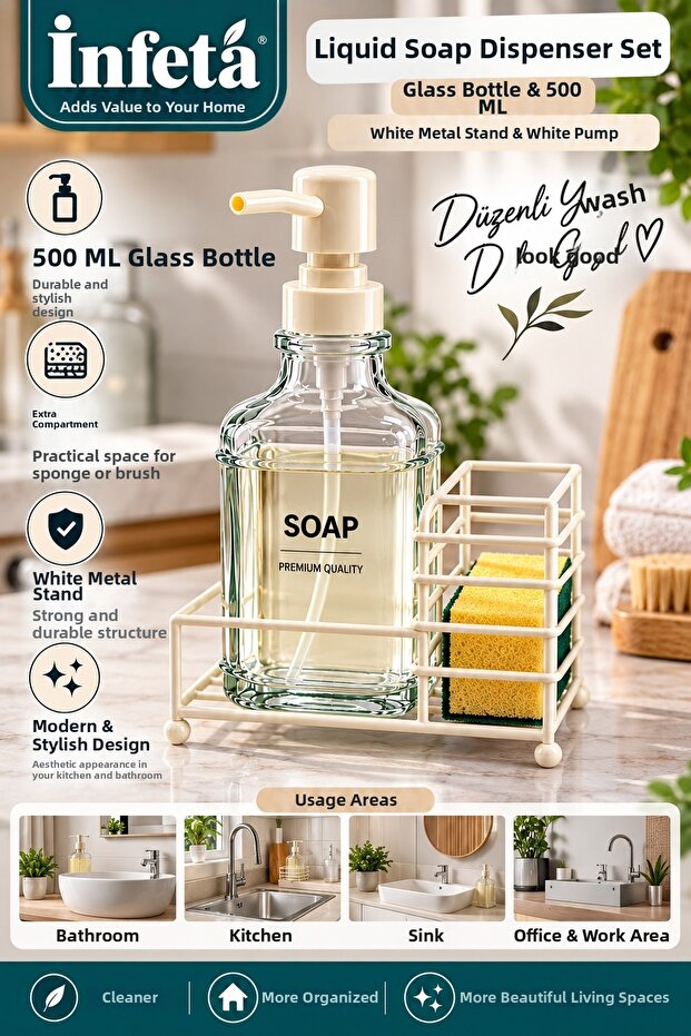 500 ml Glass Liquid Soap Dispenser Set with White Pump, Metal Stand and Sponge Compartment