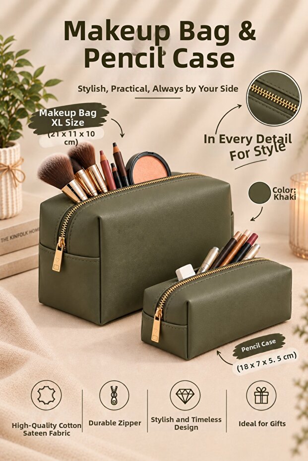 Vegan Leather Organizer Makeup Bag Multi-Purpose for Daily Use (23X12Cm)