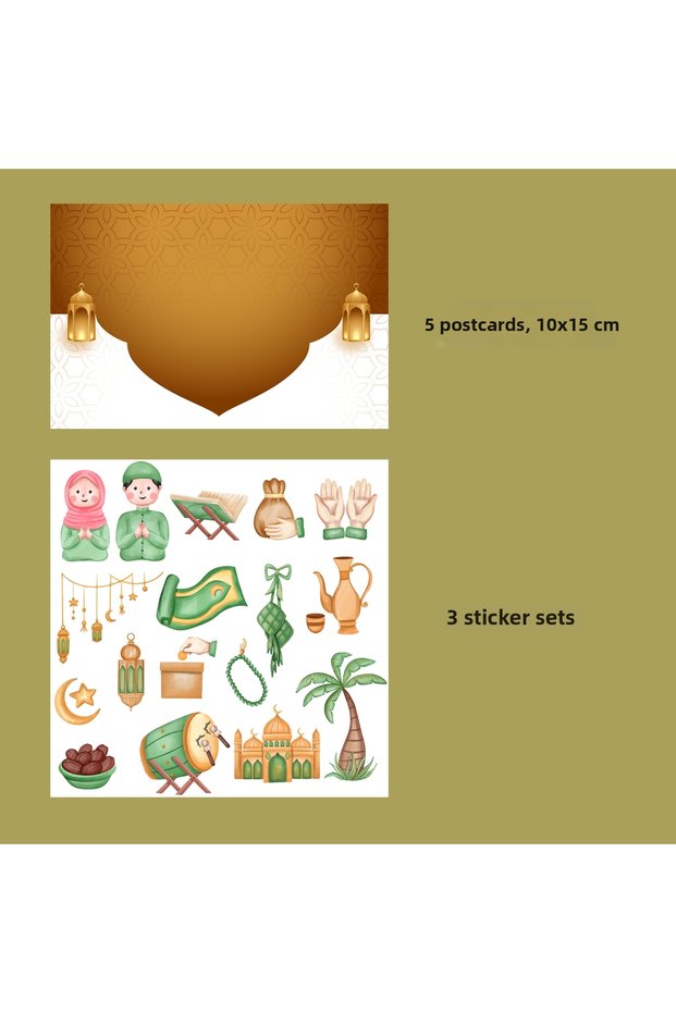 Ramadan Themed DIY Postcard Set (10X15 cm 5 Postcards - 3 Sticker Sets)