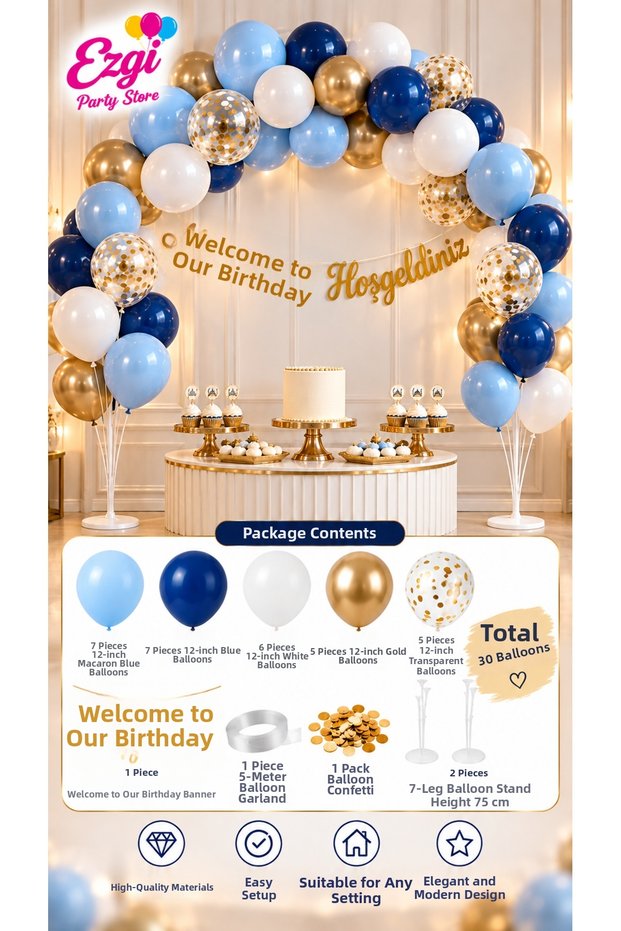 Mevlid Decoration Set 30 Balloons 2 Balloon Stands Welcome to Our Mevlid Banner Blue Gold Celebration Concept