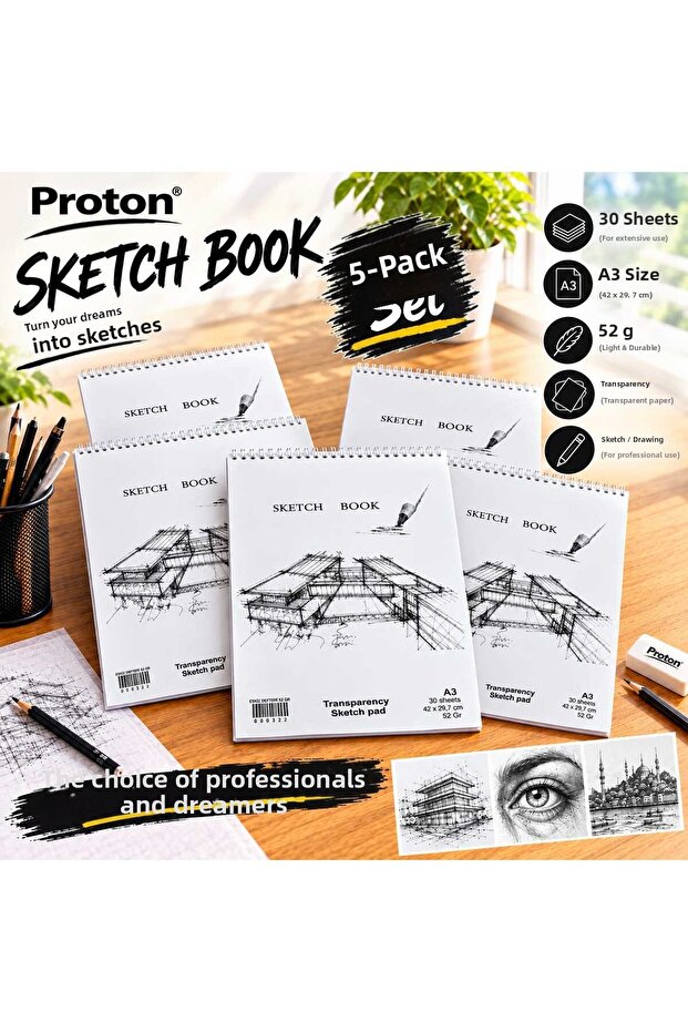 Aydınger Sketchbook 5 Pieces A3 30 Sheets 52 Gr Transparent Drawing Paper Spiral Sketchbook