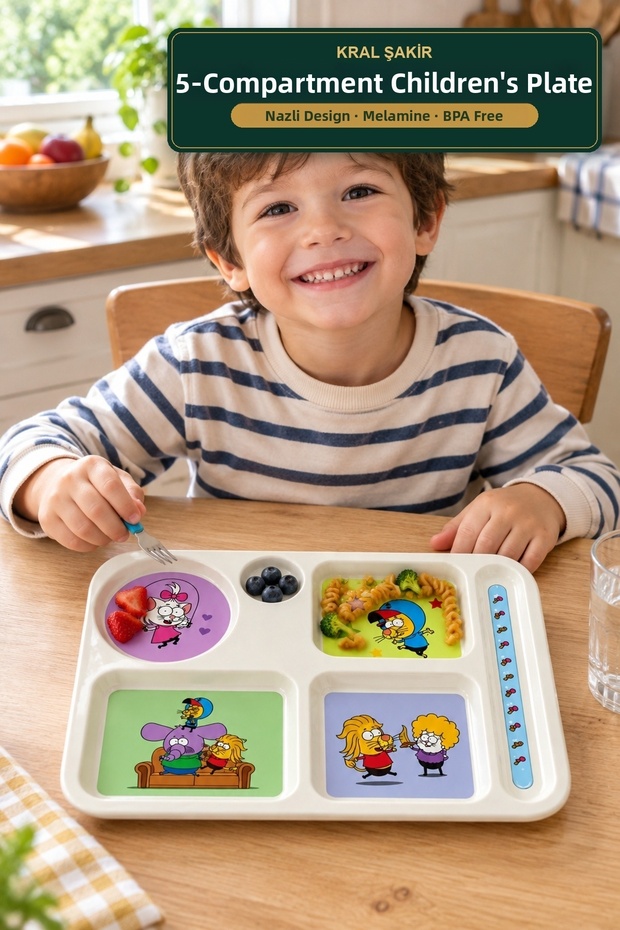 Kral Şakir 5-Compartment Children's Plate Melamine Food Nutrition Plate Bpa-Free Licensed