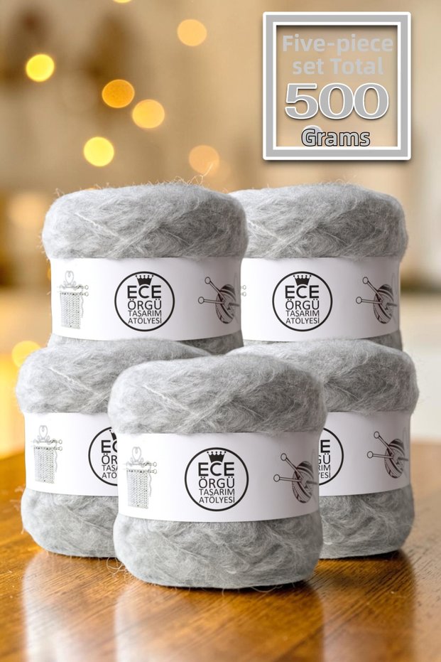 Gray Colored, Fluffy Mohair Knitting Yarn Set (Total 500 Gr.)