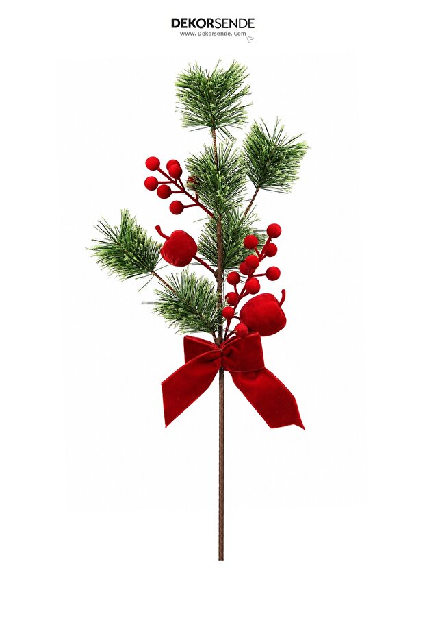 Christmas Ornament with Velvet Bow, Flocked Berry and Pomegranate Pine Branch with Needle, 50 cm